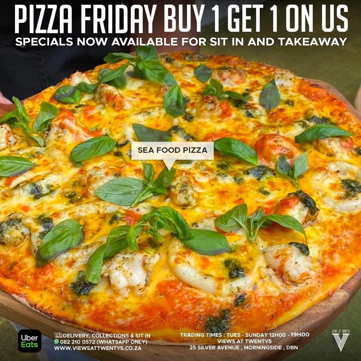 ViewsatTwenty5's tweet photo. It's #PizzaFriday🍕😋! Buy One Of Our Delicious Woodfired Pizza and You'll Get Another On Us.
Special Available for Sit Ins and Takeaway
☎️ Order now 0822100572 or Order Online @ubereats_za
#BuyOneGetOneFree
#GoodVibesInside
#ViewsIsBack https://t.co/KfVDysTBxe