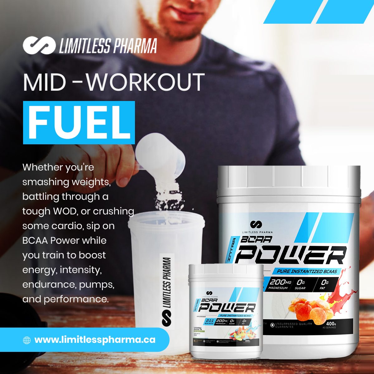 LimitlessPharma's tweet photo. MID-WORKOUT FUEL

Whether you're smashing weights, battling through a tough WOD, or crushing some cardio, sip on #BCAAPower while you train to boost energy, intensity, endurance, pumps, and performance.

https://t.co/4jPtM0938P https://t.co/tfMgmzSimT