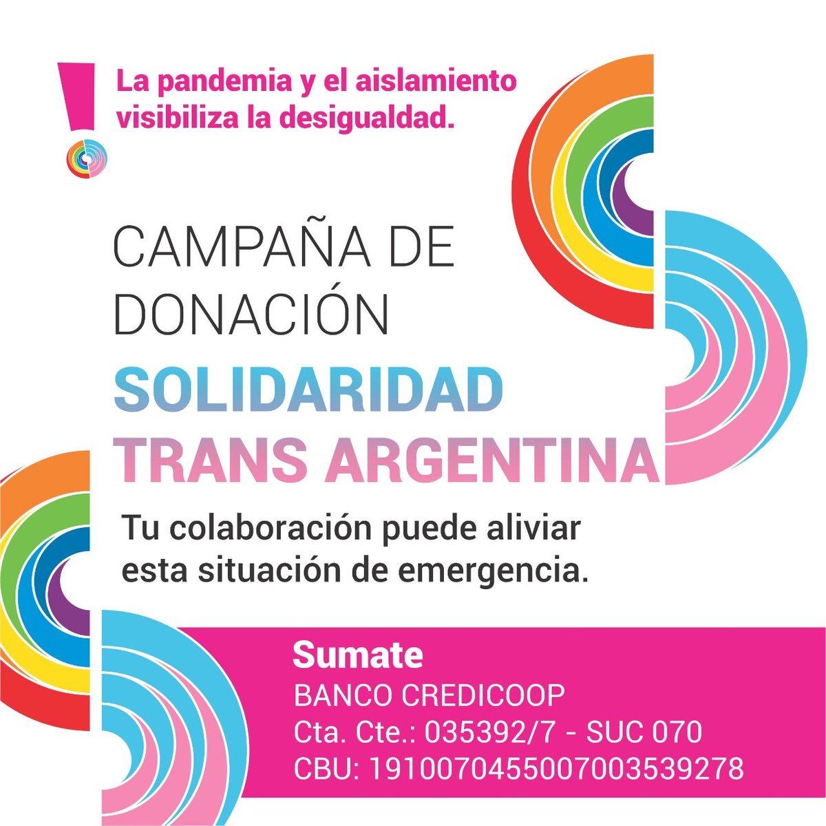 agendaccc's tweet photo. Tu colaboración contribuye a aliviar esta situación de emergencia.
Banco Credicoop.
CBU 1910070455007003539278
Cta Cte 035392/7 - SUC 070
Solidaridad Trans Argentina. Seguinos en FB ! https://t.co/vp8e4rlbZT #campañadedonacion #solidaridadtrans #solidaridadtransargentina https://t.co/iRfVJ7inBg
