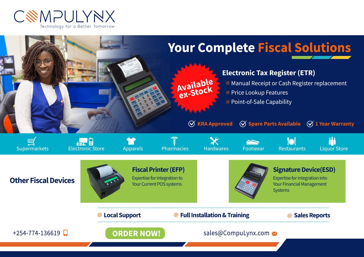 CompulynxLtd's tweet photo. Why Buy Your #ACLAS  #FiscalDevices from CompuLynx? ACLAS CRBX #ETRMachine, Aclas #ESDMachine ES1X or ACLAS #FiscalPrinter 
 ✔️ We are an Authorized Service Centre with trained IT experts for Service &amp; Repairs
✔️ Spare Parts Available
✔️ 1-year Warranty https://t.co/PW6Ok2H4zy