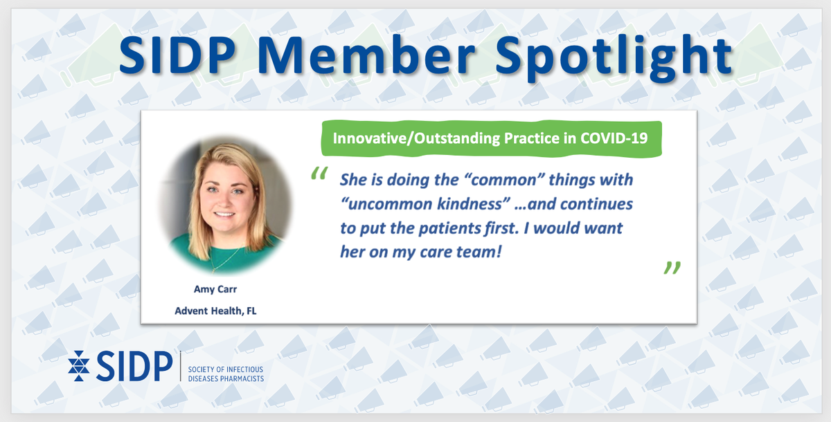SIDPharm's tweet photo. Please join us in celebrating @SIDPharm member @amylcarr for going above and beyond during the #COVID19 pandemic! Here’s a quick statement from one of her peers at @AdventHealth @asapatah that nominated her for the SIDP Member Spotlight! #IDTwitter https://t.co/rjYXYEc04M