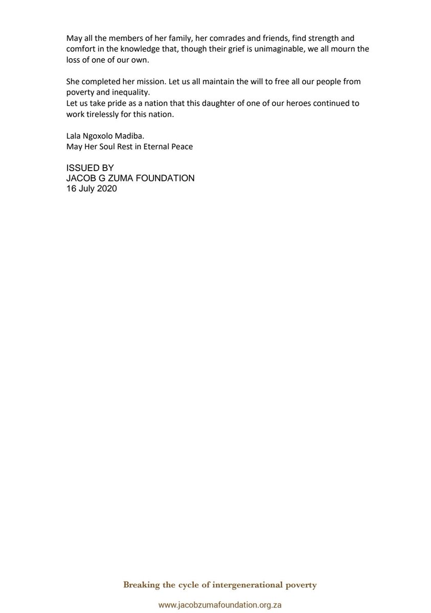jgzfoundation's tweet photo. The Patron of JGZuma Foundation President Zuma sends condolences to the Mandela family on the passing of Her Excellency Ambassador Zindziswa Mandela. https://t.co/7pOTunHOdG