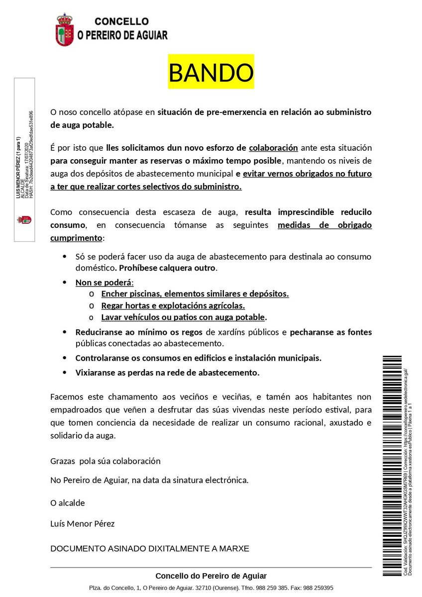 ⚠️O noso concello atópase en situación de pre-emerxencia en relación ao subministro de auga potable.