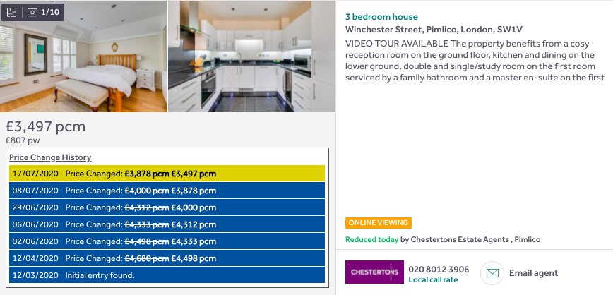 Pimlico 3-bed house down 25% to £3,497  https://www.rightmove.co.uk/property-to-rent/property-90337355.html