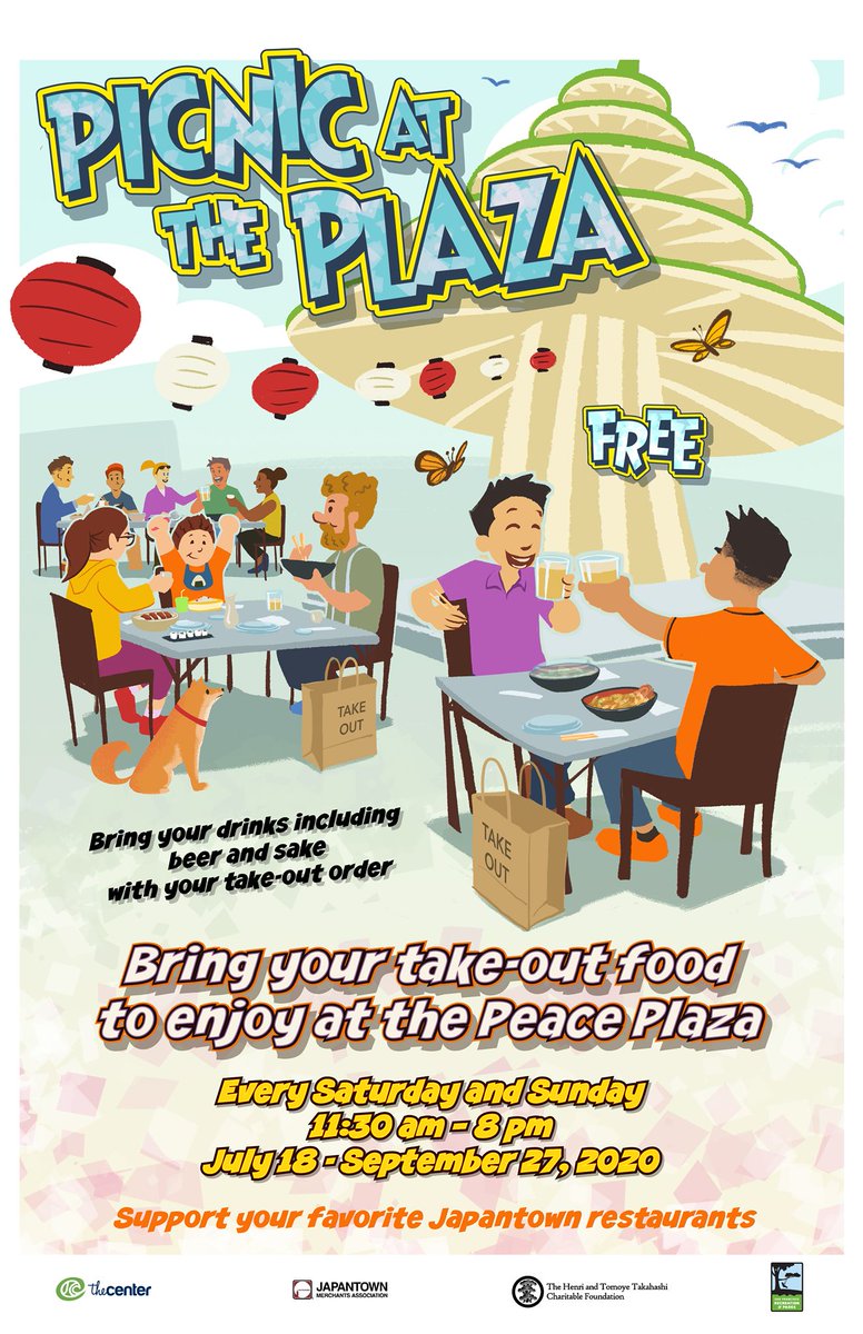 Support #Japantown restaurants &amp; markets, enjoy #takeout at Picnic at the Plaza! #PeacePlaza hosts #outdoordining every #weekend til Sept, 11:30 am to 8 pm 🍜🍣🍱🍰🍵🍶🍻 purchase food &amp; drinks, line up at east end of Plaza (near Daiso), show receipt, be guided to a table 🥡 #SF