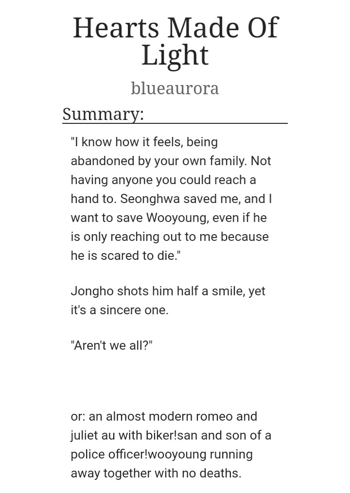 _blueaurora's tweet image. w o o s a n ∘༉‧ 
—chaptered.
—biker gang au.
—angst, hurt/comfort, abusive parents, minor character death (in the past), slowburn, fluff, strangers to friends to lovers
—♡ archiveofourown.org/works/25334101…