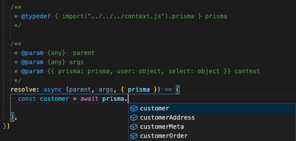 nikolasburk's tweet photo. 🧐 Really cool way for getting autocompletion in VS Code by typing your `context` argument in GraphQL resolvers with JS Doc types and plain JavaScript! Thanks for @theneshofficial for figuring this out! 🙌

📚 https://t.co/gSKHSlpoVJ https://t.co/RMgudLj0dV