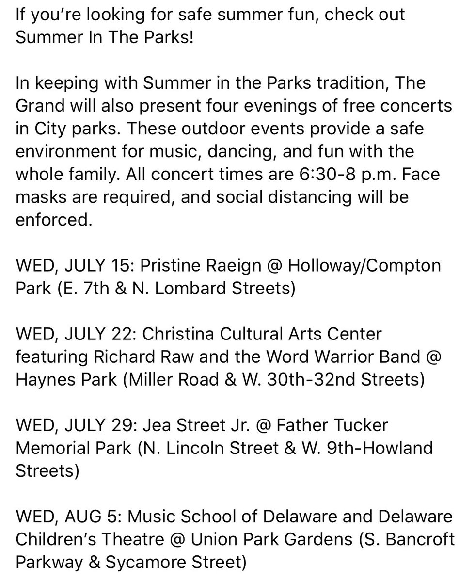 Summer in the Parks, Wilmington! Grab a lawn chair, mask &amp; a friend.