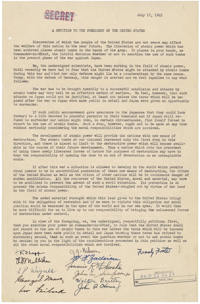 On July 17, 1945, the day after the Trinity nuclear test, nuclear physicist &amp; Council founder Leo Szilard wrote a petition to President Truman urging him to consider the moral responsibilities of atomic use and to not use an atomic bomb against Japan before asking for surrender.