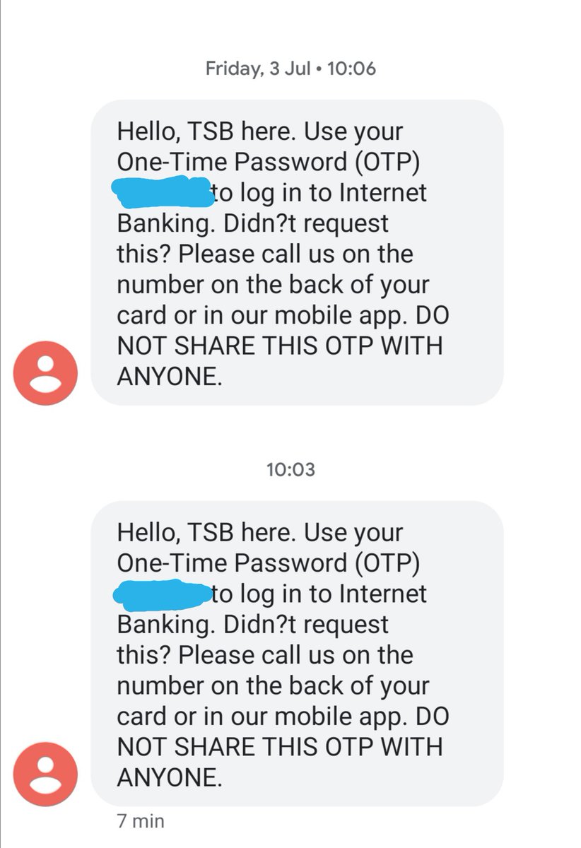 Sashkooou's tweet photo. @TSB hello. I wasn't able to get through to you on the phone, could you advise me if these messages are fraud or not? I haven't requested the passcode! https://t.co/1O2LjBjjzV