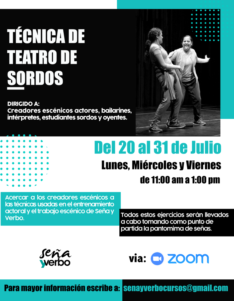 SyVTeatro's tweet photo. No te pierdas un gran curso en el cual aprenderás sobre las técnicas de los actores sordos, sin importar si eres oyente o sordo.
Para recibir información envíanos correo a: senayverbocursos@gmail.com
#señayverbocursos #cursosenlinea #cursosLSM #CursosZoom https://t.co/3f66Yepogt