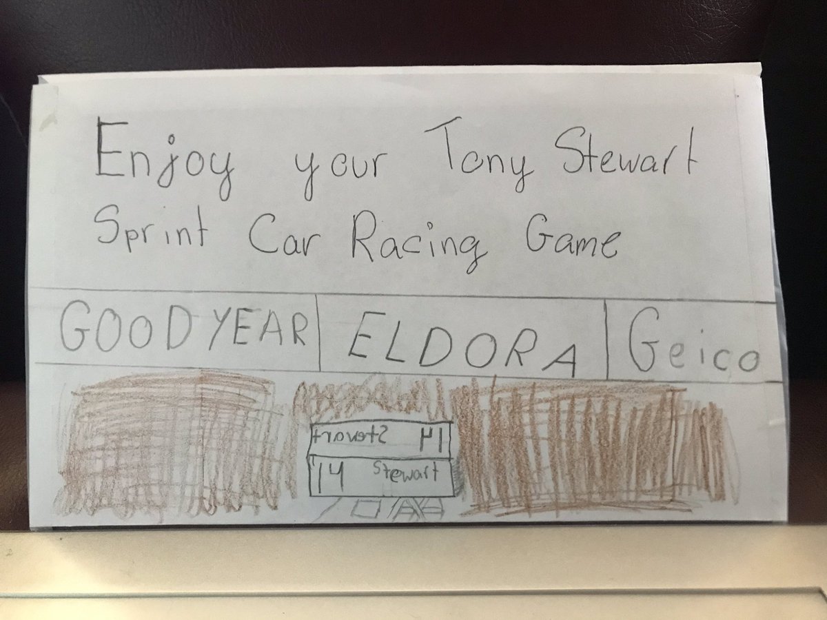 schingley's tweet photo. The envelope my daughter made for their dad’s birthday today. Contained XBOX points to buy @TonyStewartGame.Shows @TonyStewart racing at Eldora. Cute! https://t.co/p05yNyV2Fa