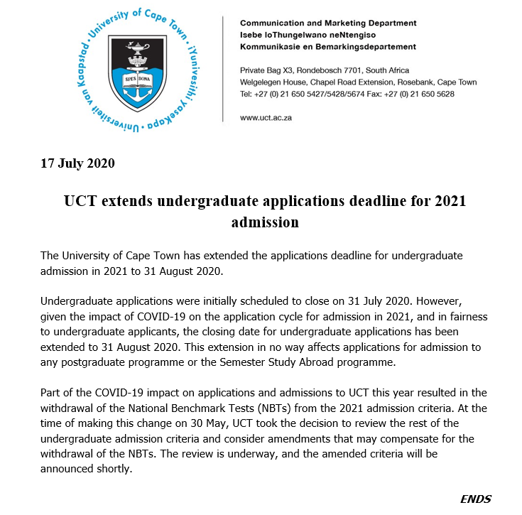 University Of Cape Town Extends Applications Deadline For 2021 Admission