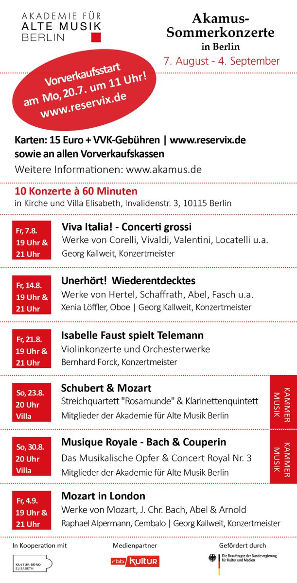 Akamus's tweet photo. 👉Vorverkaufsstart für unsere Berliner Sommerkonzerte am Mo, 20.7. um 11 Uhr bei https://t.co/xpSkAxMqFq sowie an allen VVK-Stellen (z.B. im Kulturkaufhaus Dussmann)!
Weitere Informationen zu den Konzertprogrammen und Hinweise für Konzertbesucher unter: https://t.co/QpHIRot3ru https://t.co/R62e2gNWmz