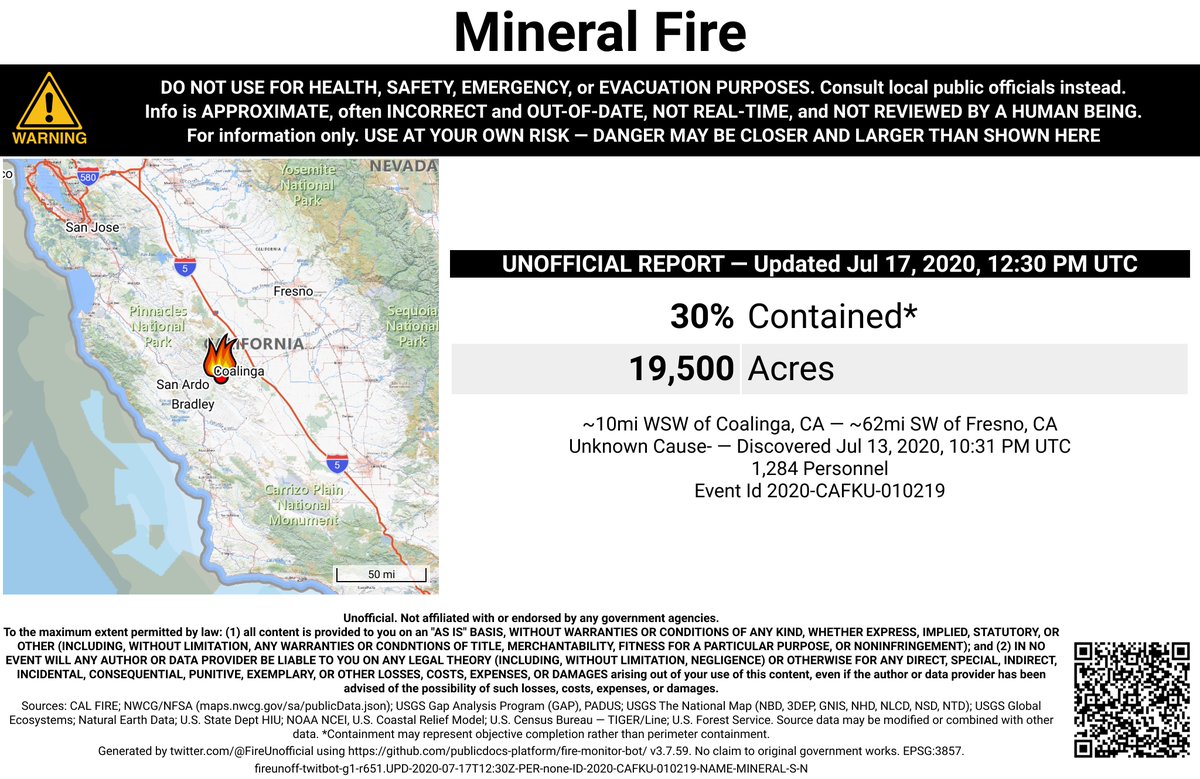 CaliFireBot's tweet photo. #MineralFire 🔥 unofficial, automated update.
@FresnoCoFire; ~10mi WSW of Coalinga, CA. ⚠️ DO NOT USE FOR SAFETY PURPOSES - See officials instead. May be incorrect; disclaimers in images. https://t.co/mvcynRDGXk