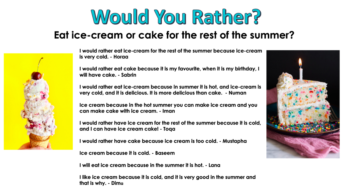 Would you rather eat ice cream or cake for the rest of the summer? We had some great discussions this morning!🍦🍰 #GECDSBSLP2020 <a href="/LauraBa06241838/">Laura Bates</a> <a href="/JanisFoy/">Janis Foy</a> <a href="/mrs_c_saba/">Mrs. Saba</a> <a href="/msStephanieLy1/">Stephanie Ly</a>