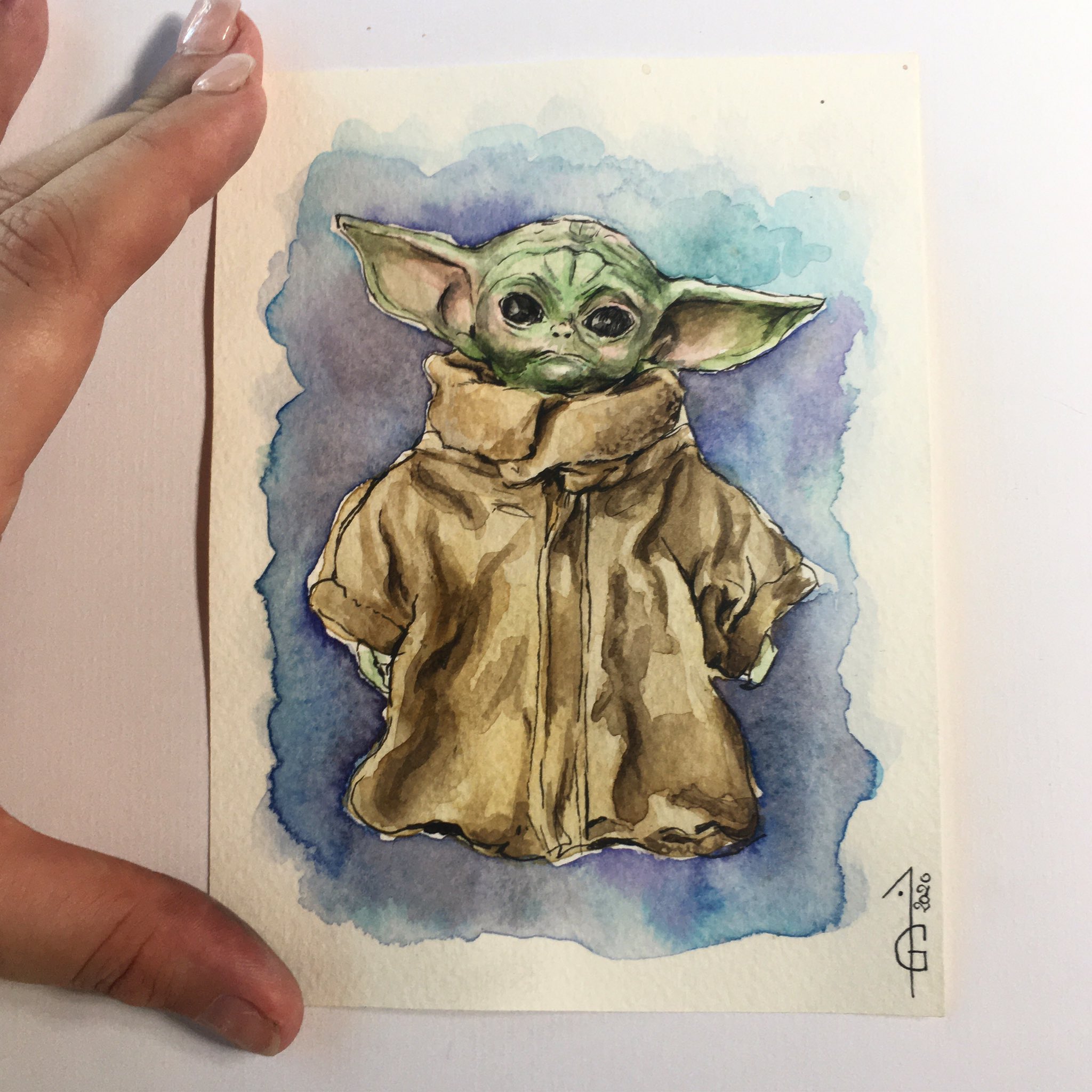 Dessin au trait à l'aquarelle de Baby Yoda · Creative Fabrica