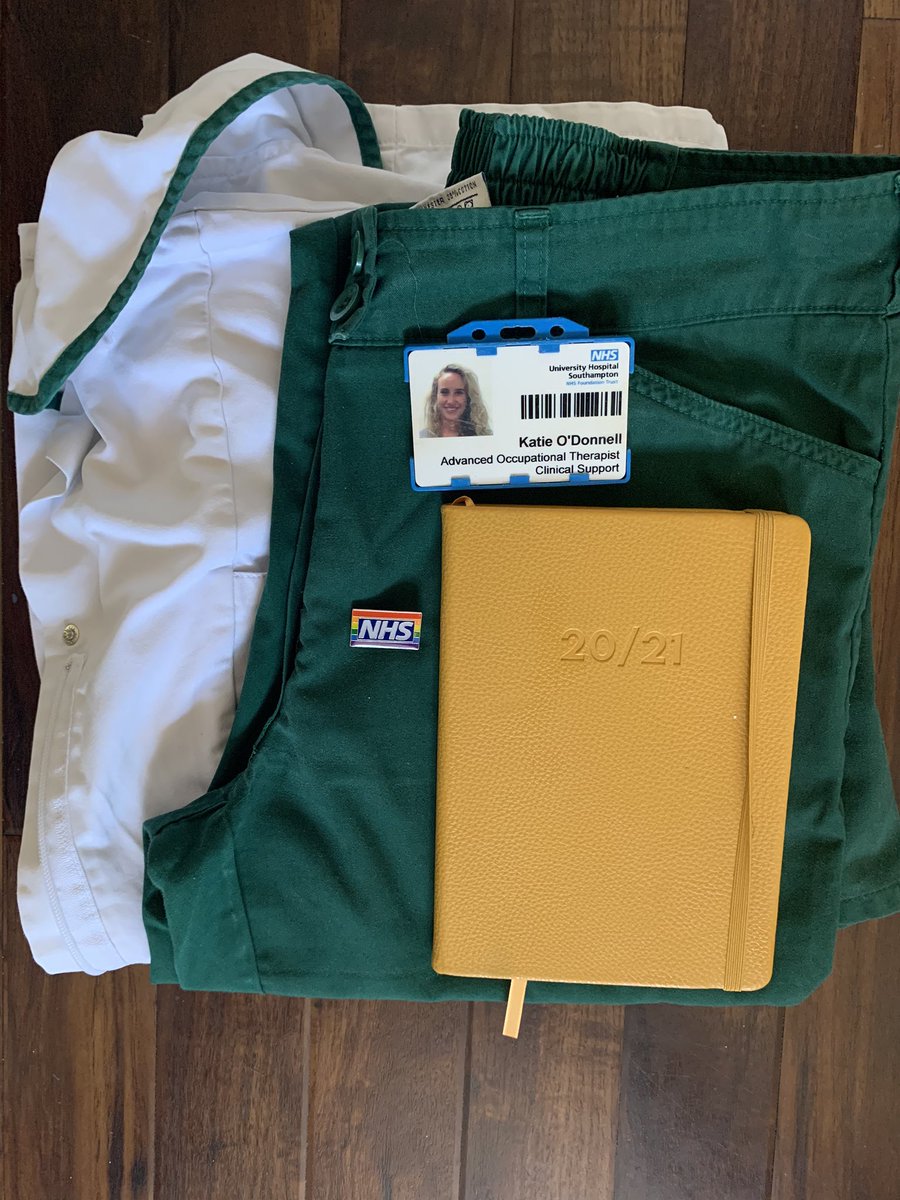 OThandtherapist's tweet photo. Uniform ironed, ready and excited for my first day back from mat leave to the @UHSFT #handtherapy team. On a side note, WHY has no one created comfortable and flattering green trousers?? #OccupationalTherapy #otproblems https://t.co/gMIc1QBqld