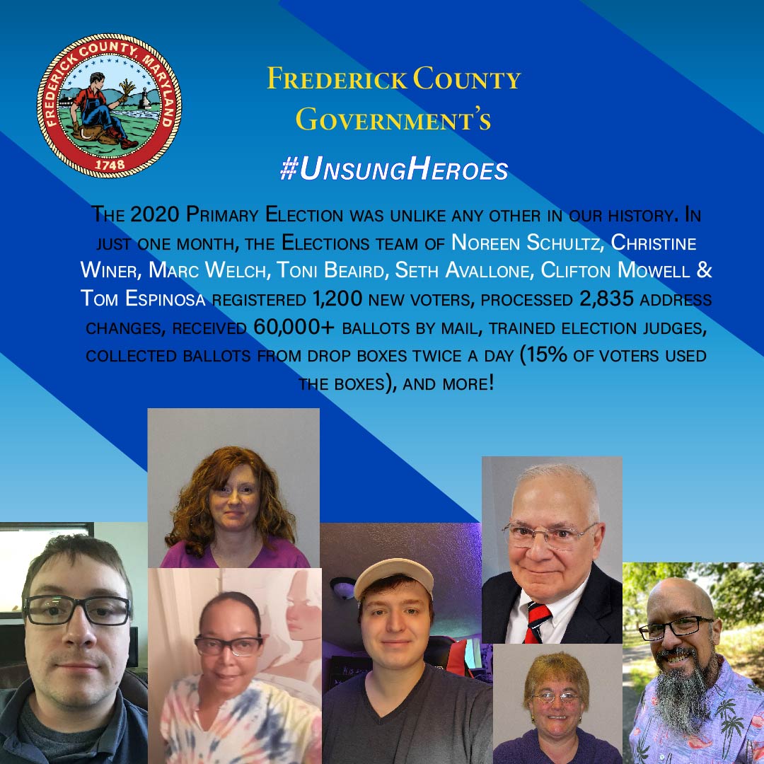 FredCoGovMD's tweet photo. Thanks to the #UnsungHeroes at @FrederickCoMD Board of Elections. The #2020PrimaryElection was unlike any other in our history! Kudos to Noreen Schultz, Christine Winer, Marc Welch, Toni Beaird, Seth Avallone, Clifton Mowell &amp; Tom Espinosa! #LoveFrederick https://t.co/VNbno9HB6H