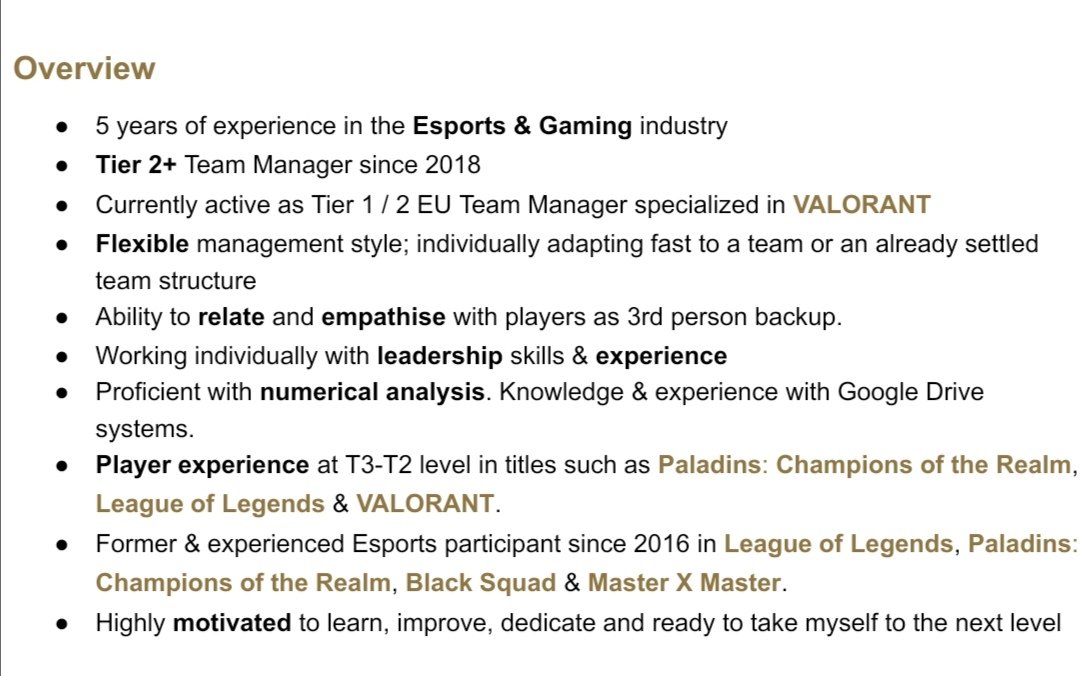 ManagerVALORANT's tweet photo. LFT as 'Team Manager' in a #VALORANT team, with high ambitions! 

📈 ideal experience in branding, supporting &amp; leading of a team
📚 5 years of experience in the Esports industry
⏳full-time availability
📊 knowledge of spreadsheet tools

My Resume ⤵️

RT's are appreciated 💜 https://t.co/VhOSqx0Wpz