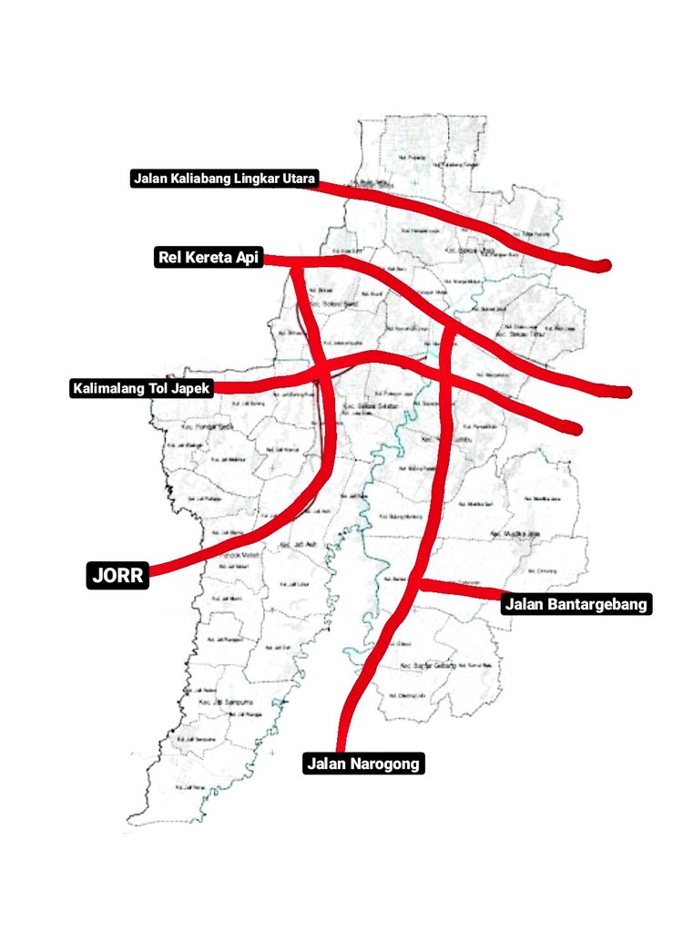 Dari peta itu, wilayah Kota Bekasi dipotong-potong sama akses-akses jalan. Akses-akses inilah yang "membagi" Kota Bekasi jadi beberapa zona.