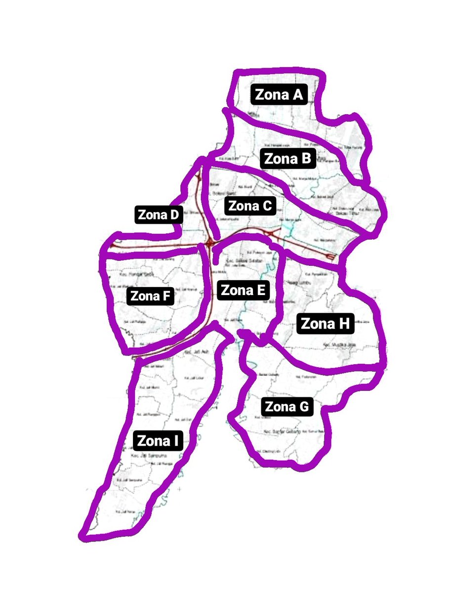 Dari peta itu, wilayah Kota Bekasi dipotong-potong sama akses-akses jalan. Akses-akses inilah yang "membagi" Kota Bekasi jadi beberapa zona.