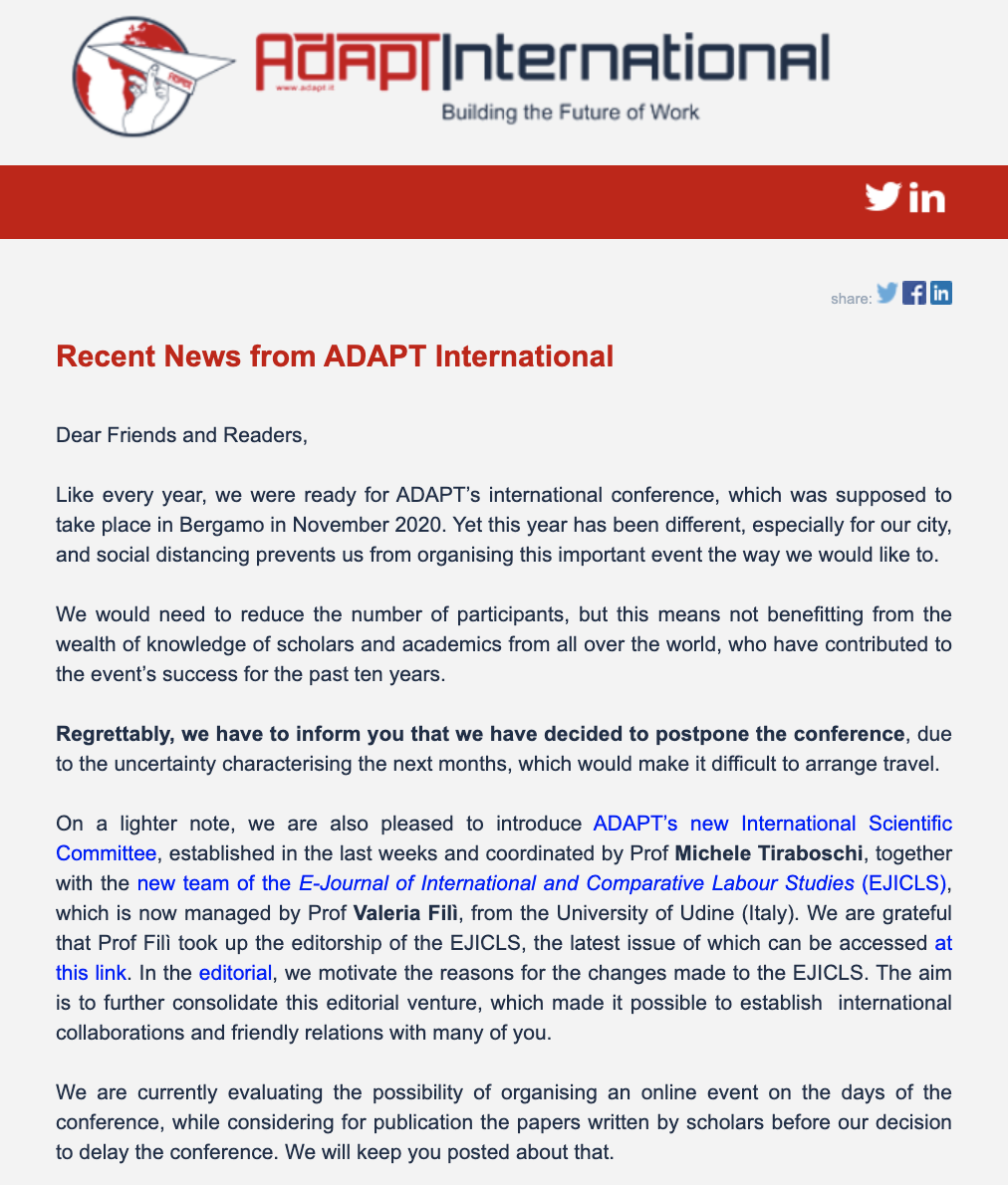 adapt_ENG's tweet photo. 🔴 Recent News from #ADAPTInternational.
Spotlight on: 
- annual Int'l Conference (postponed)
- ADAPT’s new International #ScientificCommittee 
- the new team of the E-Journal of International and Comparative Labour Studies (#EJICLS) ⤵️
https://t.co/CzUlhFC391 https://t.co/AmcjjCiSMO
