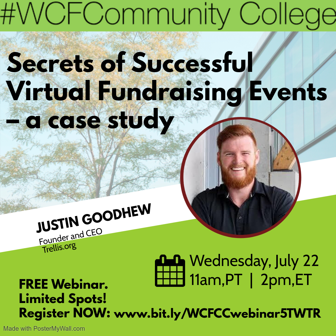 DavidKravinchuk's tweet photo. Don't miss @justingoodhew's #WCFCommunityCollege webinar Secrets of Successful Virtual Fundraising Events. Hurry! It's FREE but space is limited. Register now: https://t.co/W6s1gHJvgf. OH, yeah--you'll be eligible for @CFRE_INTL CE pts https://t.co/vUbYPmvlTY