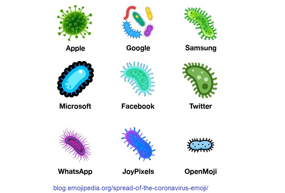 ➘ l'emoji denominata "microbe" è un esempio di come la stessa  #emoji possa essere rappresentata in modo discordante in piattaforme diverse. Apple ha interpretato l'emoji come virus, le altre come batteri o microorganismi.(via  https://blog.emojipedia.org/spread-of-the-coronavirus-emoji/)  #WorldEmojiDay