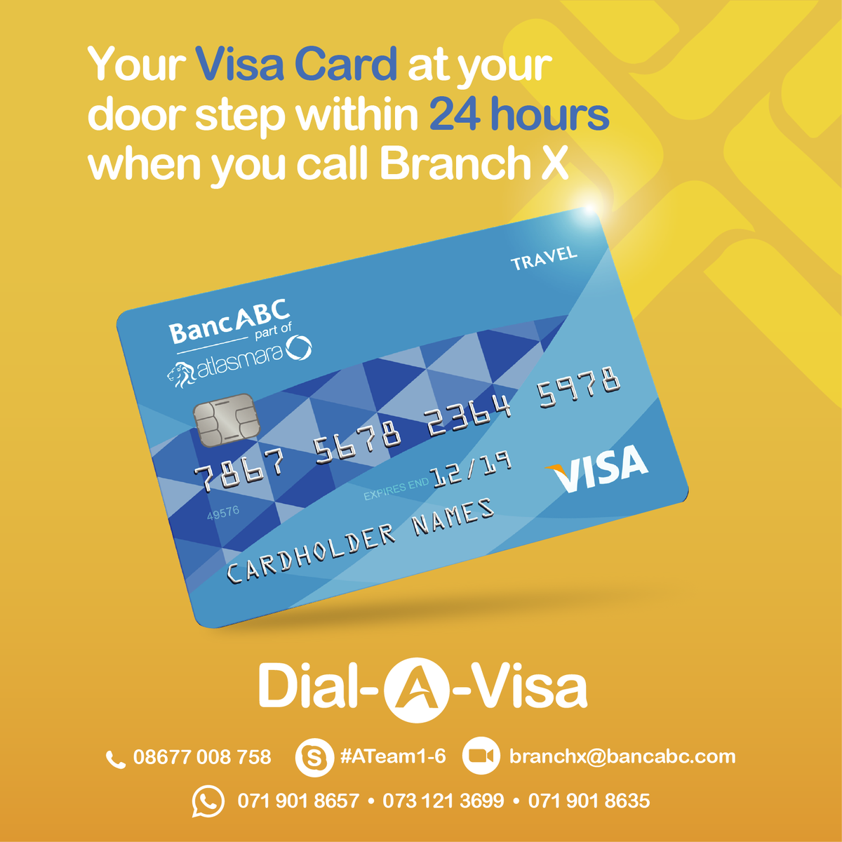 BancabcZW's tweet photo. Sign up for a #Visa Card in minutes through #BranchX & weโll deliver it right to your doorstep within 24 hours! ๐๏ธ
#DialAVisa itโs as simple as that ๐ณ
Service currently available in all major cities & towns where we have a #BancABC branch ๐ฆ
#BeSmartGoDigital
#BancDifferent https://t.co/D5GIGjsabi