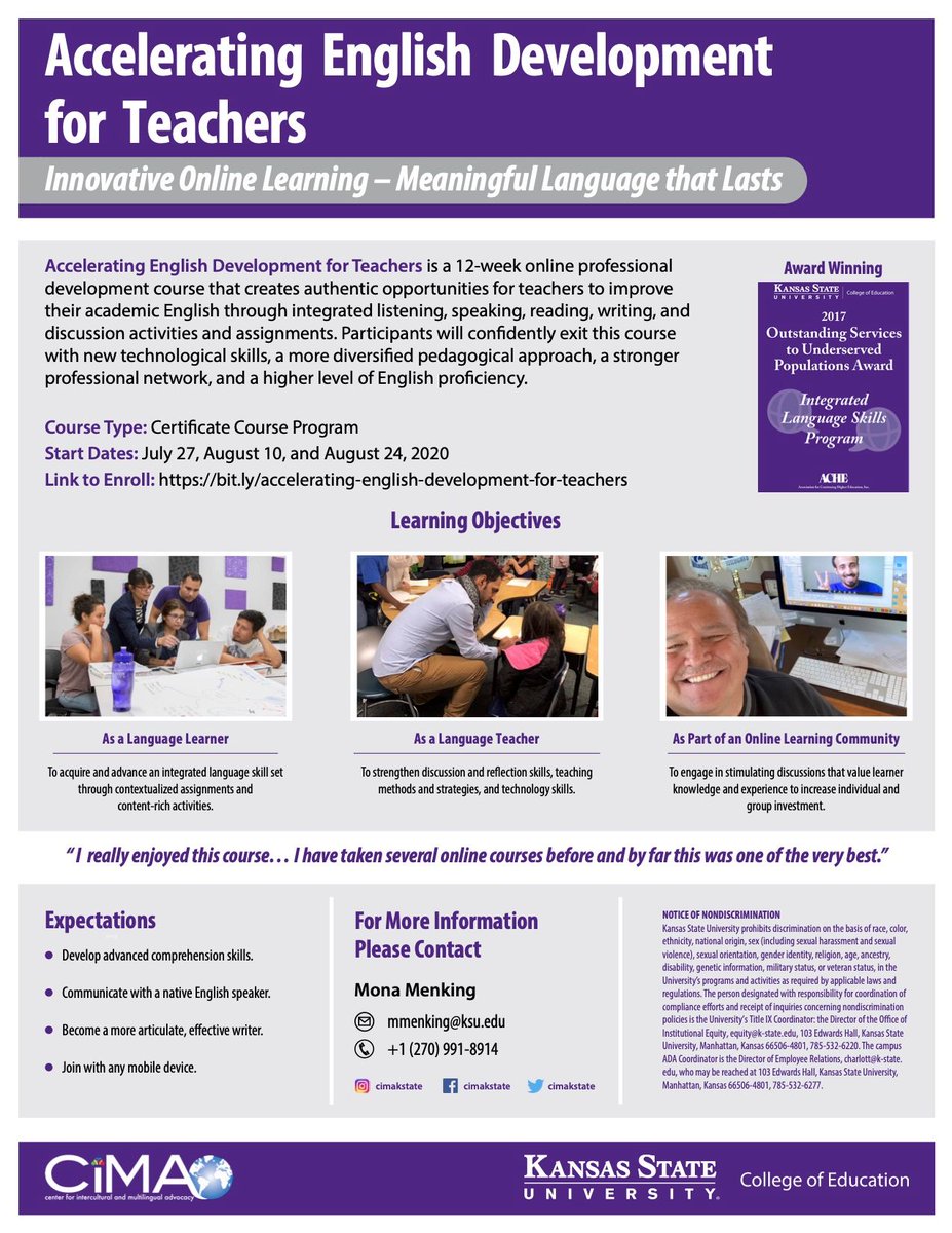 CIMAKSTATE's tweet photo. Don't miss out on this incredible opportunity! Accelerating English Development for Teachers is an interactive, online professional development course that creates authentic opportunities for teachers to improve academic English skills. 
ENROLL TODAY:
https://t.co/lb9HTf41Q2 https://t.co/KV7qQI5n3u