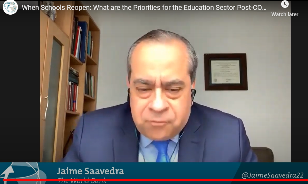 To tackle #LearningPoverty, we need to build resilient #education systems that are inclusive & equitable. To do that, we need to embrace the concept of “Schools Without Walls.” Learning should occur for all children, anywhere, anytime. @JaimeSaavedra22 speaking at #CGDTalks.