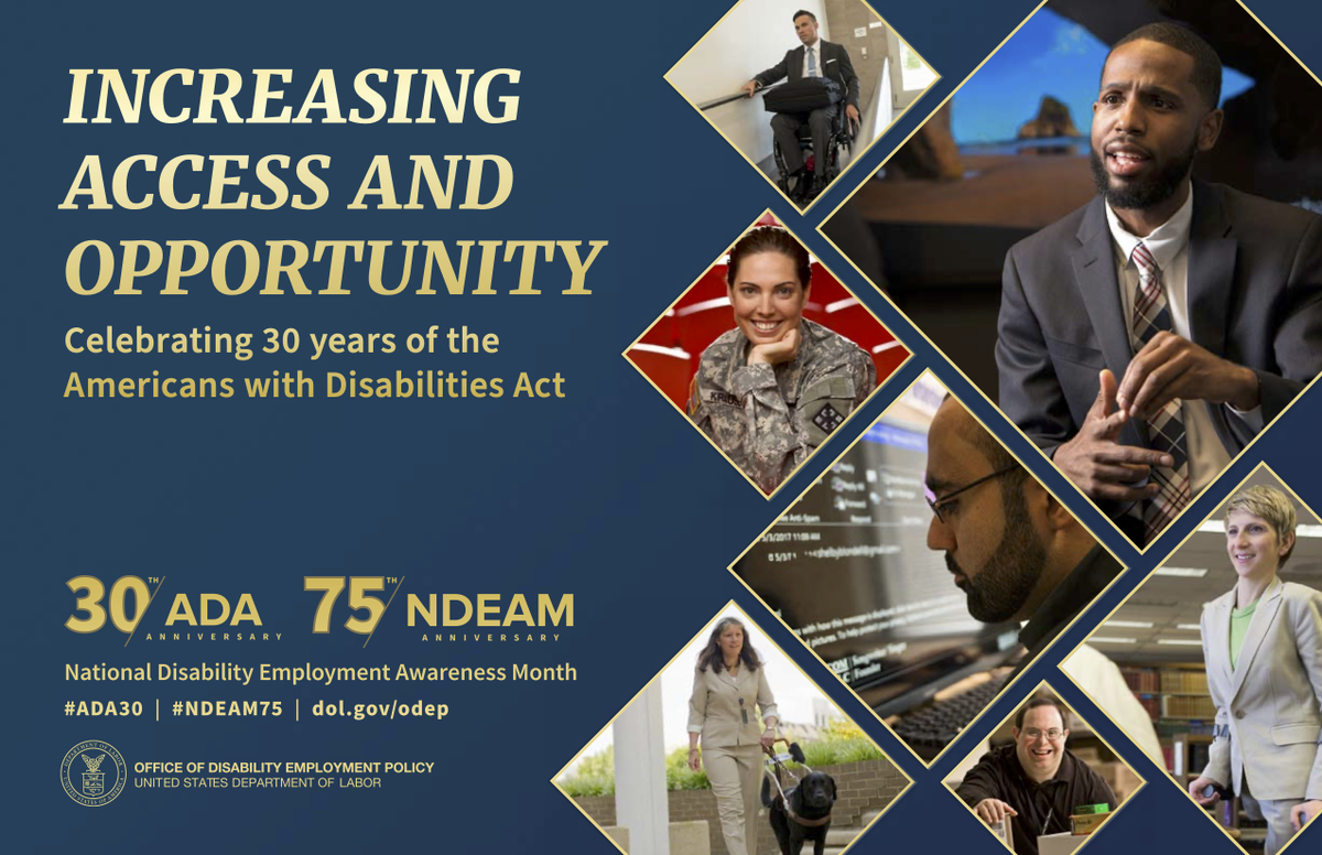 PEATWorks's tweet photo. This year’s @USDOL #NDEAM theme “Increasing Access and Opportunity” honors the legacy of both #ADA30 and #NDEAM75 to increase access and opportunity for all. Download the poster and learn how you can help build an accessible #FutureOfWork #ADAnext30 https://t.co/GddCjYdReY https://t.co/tkapup9FFm