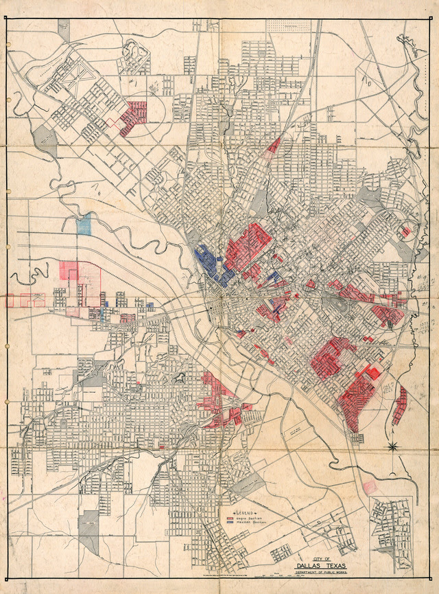 _ryanbehring's tweet image. Two images:

1) 1940's Dallas redlining map (via @aiadallas) 
2) Overlaid with interstate highways (built 1950's-1970's)

The separation in Oak Cliff stands out. Nearly all redlined areas are east of I-35, only to add the barrier of interstate construction 20 years later.