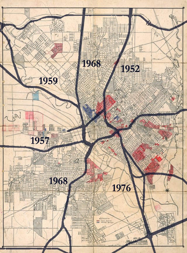 _ryanbehring's tweet image. Two images:

1) 1940's Dallas redlining map (via @aiadallas) 
2) Overlaid with interstate highways (built 1950's-1970's)

The separation in Oak Cliff stands out. Nearly all redlined areas are east of I-35, only to add the barrier of interstate construction 20 years later.