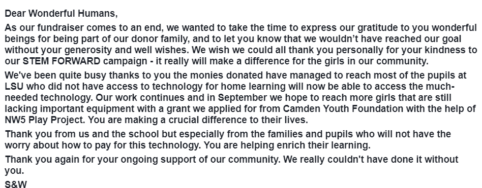 sumwyn's tweet photo. THANK YOU as we hand back #twitterhacked account to mother. Thank you for being part of our donor family everyone #STEMeducation #TECH4ALL #techexclusions #stemforward #buildingacommunity @NW5PROJECT @NewJournal @OLHofChristians @Stemettes @LdnCLC @LaRetraiteSW12 @Young_Camden https://t.co/N2BHDXFqQJ