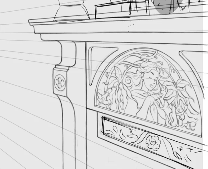 drawing detail on furniture is so fun! this was inspired by the works of Mucha 