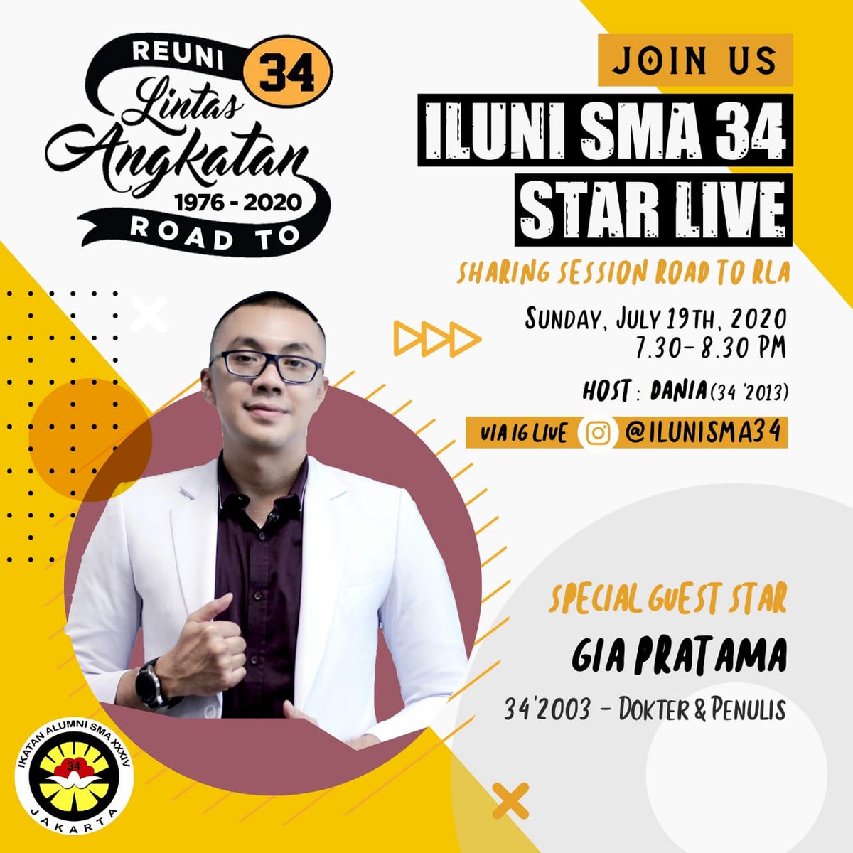 34RLA's tweet photo. Jangan lupa merapat bareng di acara Sharing Session Road to RLA 34, Minggu tanggal 19 Juli jam 19.30 – 20.30 malam yang akan dipandu oleh Dania @danianajmi 34 2013.

@giapratamamd
#RoadtoRLA34
#Alumni34
#iluni34tv
#RLA34 https://t.co/KH3SI9qCrZ
