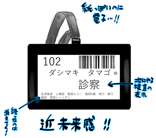 今日の人間ドックの名札というか…そういうのがめっちゃ近未来感タップリでわくわくしてしまった 