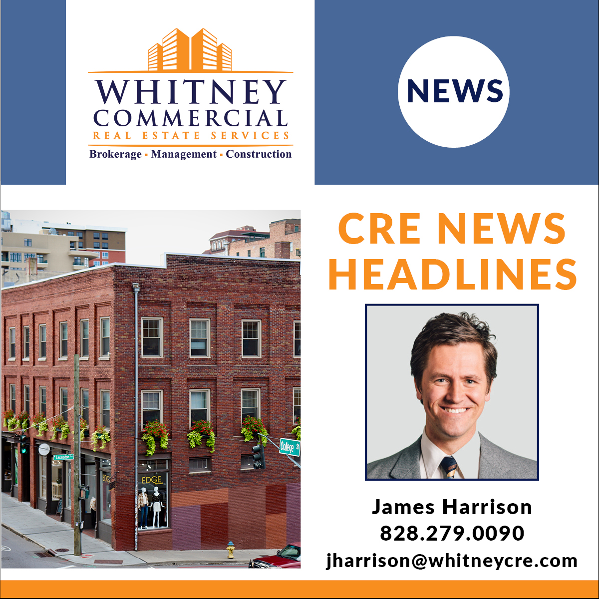 WhitneyCRE's tweet photo. Every couple weeks news headlines from James hits the web - did you see yesterdays edition? Catch up here:
https://t.co/OaYyzxv2a0
#whitneycre #wcre #cre #news #wnc #avlbiz https://t.co/9WpQ8gIHZs