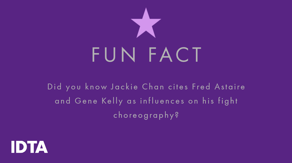 TheIDTA's tweet photo. Dance Inspiration can come from so many places. The legendary #jackiechan regularly spoke about #fredastaire and #genekelly as one of the primary influencers on his fight choreography. Who influences your choreography? 💜

#dancefact #funfactfriday https://t.co/05G6xOf9kr
