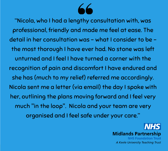 We are proud to share this #feedbackfriday compliment received by the Trust's PALS team for Nicola, a member of the Musculoskeletal Integrated Clinical Assessment &amp; Treatment Service (MICATS) in South Staffordshire. Congratulations Nicola and team! 👏