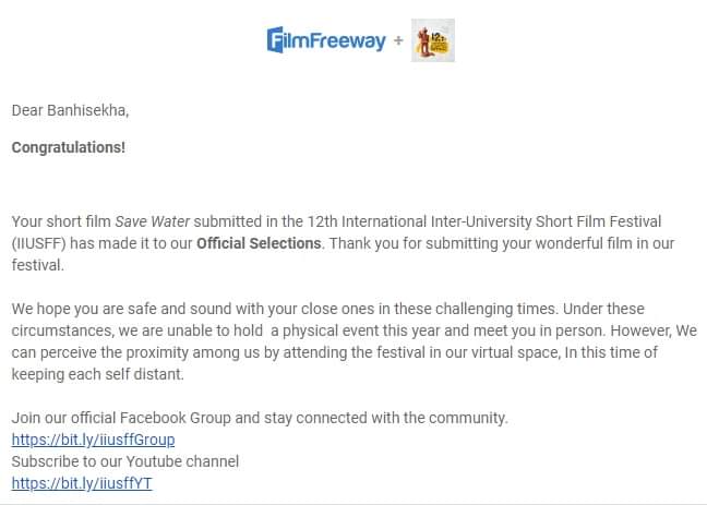 low_budget_guru's tweet photo. our short ad film "Save Water" has been selected as the Official Selection at 12th International Inter-University Short Film Festival (IIUSFF). I'm so happy as the editor of the film @iiusff1
#iiusff https://t.co/SLntdzR8EU
