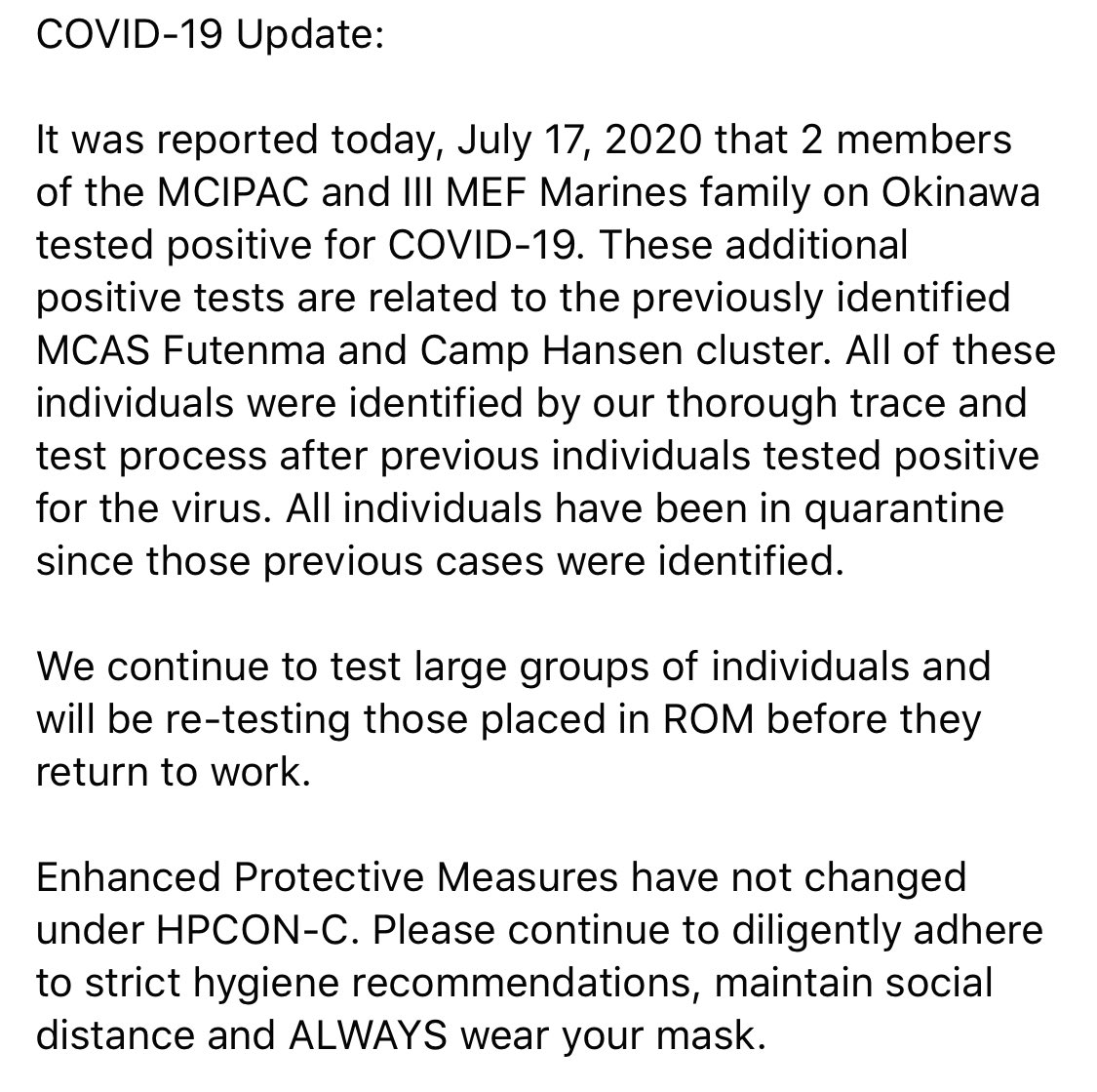 The COVID Trace Tracking map continues to be updated. Motivated Marines will be working long hours through the weekend to continue to populate this data to keep you informed of any additional possible spread. 

mcipac.marines.mil/COVID-Trace-Tr…