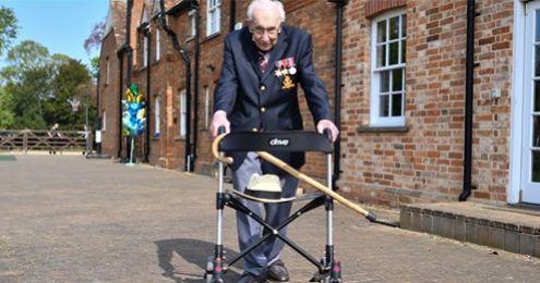 WalkWiseFamily's tweet photo. With a walker in hand — Capt. Sir Tom Moore shows us that during a pandemic, in a small garden, you can create real change and maybe even raise $40 million for a good cause. https://t.co/36CqB37vJK