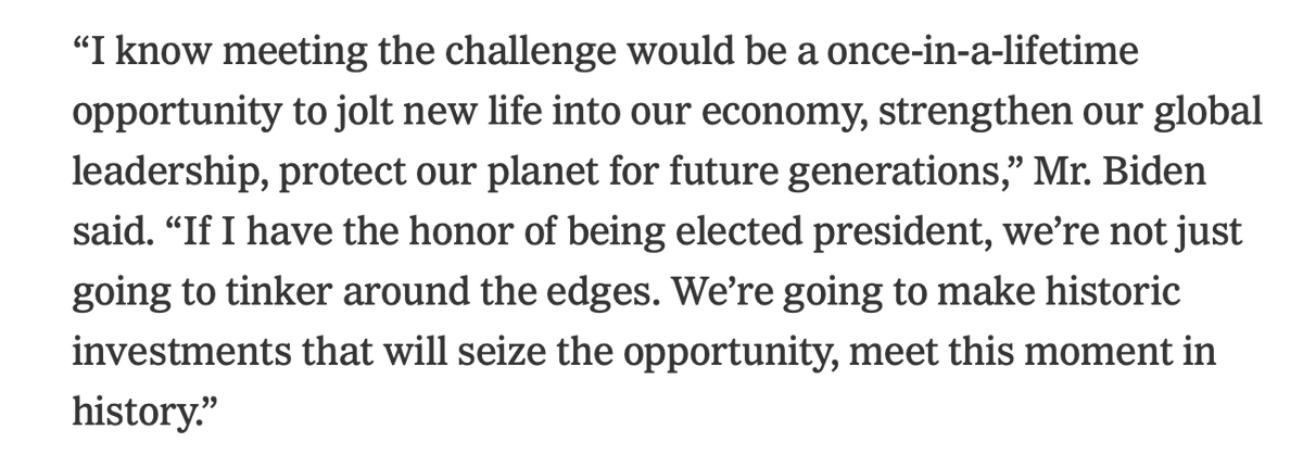 First off, I liked how, in the tradition of great American speeches, Biden framed the  #ClimateCrisis as an opportunity for the nation to rise to a great challenge and become stronger in the process. That's exactly the way we should view climate change.  https://www.nytimes.com/2020/07/14/us/politics/biden-climate-plan.html