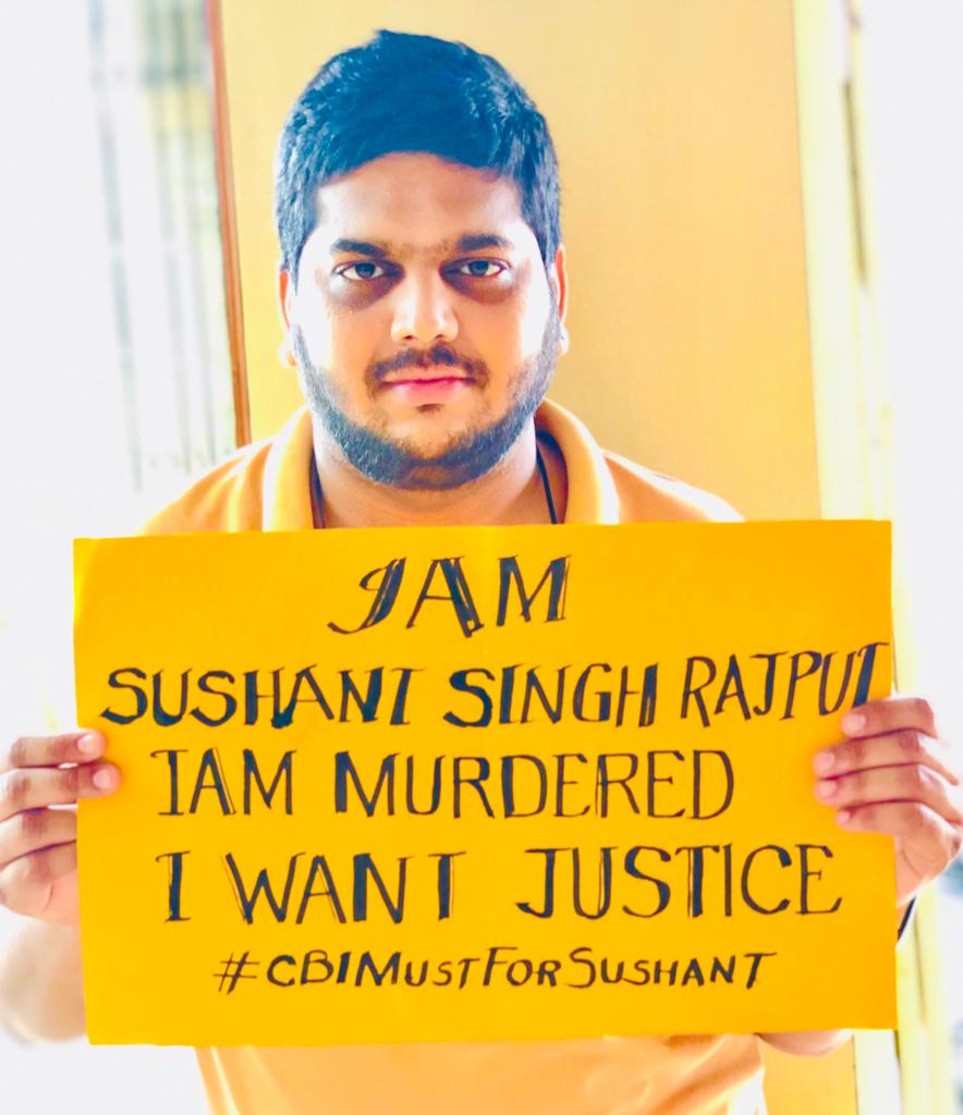 Asheesh42686211's tweet photo. #SushantSinghRajput, An Ace Actor Deserves Justice against the murders.

We only want CBI enquiry &amp; Let’s Raise our Voice Placarding as I Did. I am Ashish frm #Hyderabad

#JusticeForSushantSinghRajput
#CBIMustForShushant
#CBIForSonOfBihar
#MahaGovtCBIForSSR https://t.co/d4wdMfUQz3