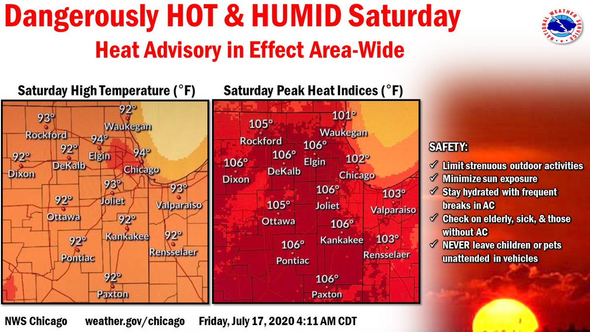 LakeCountyIL's tweet photo. It's going to be HOT, HOT, HOT and HUMID, HUMID, HUMID this weekend. A #HeatAdvisory will be in effect as heat indices near 105º are expected. Stay safe by limiting outdoor activities, staying hydrated, and wearing light-colored clothing outdoors: https://t.co/8EreRRm5a6 https://t.co/yCTQKD5cfE