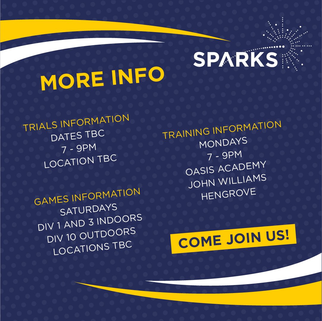 Faye_Lewis1's tweet photo. Sparks netball club are looking for new players to join their teams in divs 1, 3 and 10.
Trials information is TBC

To register your interest in our trials for the 2020/21 season, please use the link or email us

Or for more information, please email sparks_netball@hotmail.com https://t.co/VwVChRet5k