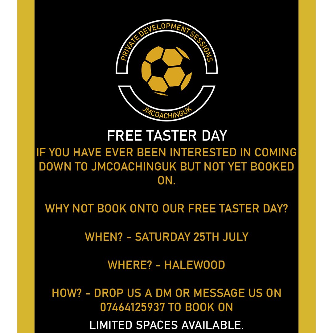 JMCoachingUK's tweet photo. Have you ever thought about onto Private Development Sessions ‼️⚽️

Well here is your chance to book yourself or your Son/Daughter onto a FREE Taster Session 🙌⚽️

Drop us a DM or Message us on 07464125937 👍⚽️

Limited Space Available ‼️ https://t.co/0DUMJIWpOl
